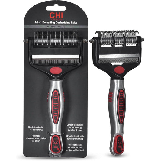 CHI For Dogs 2 In 1 Dematting And Deshedding Rake Dual Head Dog Grooming Tool For Mats Knots And Loose Undercoat Removal
