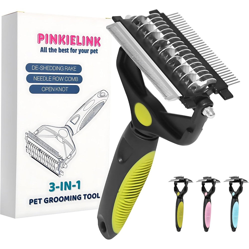 Pinkielink 3-In-1 Pet Grooming Tool Undercoat Rake Dematting Comb And Deshedding Brush For Dogs Cats And Horses Green