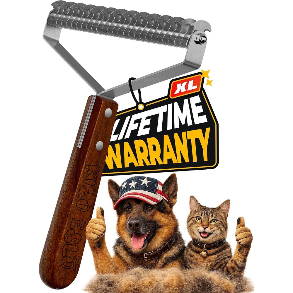 Kizo Eslo Extra Large 2 Sided Undercoat Rake For Dogs And Cats Professional Dematting Tool For Medium To Long Haired Pets With Wooden Handle