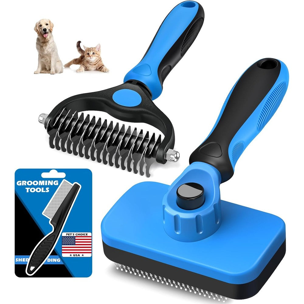 Augwind Professional 3 Pieces Self Cleaning Slicker Brush And Pet Grooming Rake And Flea Comb For Dogs Cats And Horses In Blue Color