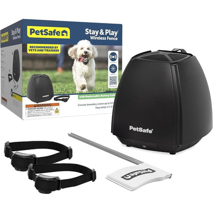 PetSafe Stay And Play Wireless Fence For Two Dogs With Replaceable Battery Receiver Collars Portable Circular Boundary System Covers Up To Three Qu...