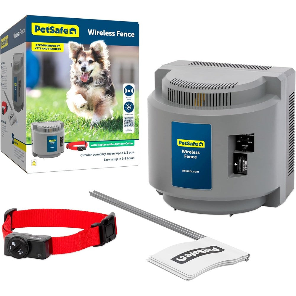 PetSafe Original Wireless Electric Fence For Dogs Portable Containment System Covers Half Acre Waterproof Collar For Pets Eight Pounds And Up Gray