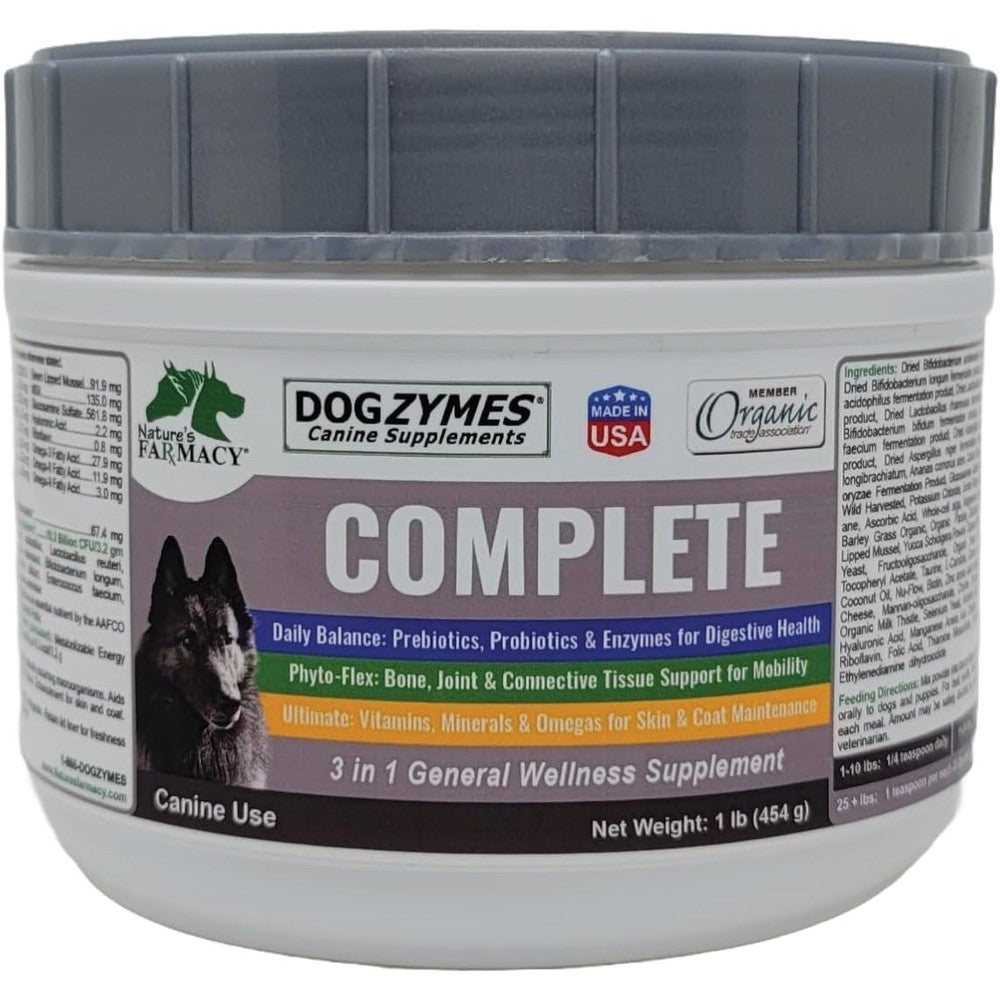Dogzymes Complete All In One Canine Supplement Powder With Probiotics Prebiotics Glucosamine Chondroitin MSM And Hyaluronic Acid 1 Pound
