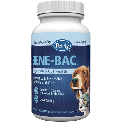 PetAg Bene-Bac Plus Prebiotic Pet Powder Probiotics For Dogs Cats And Exotic Mammals Four And A Half Ounce