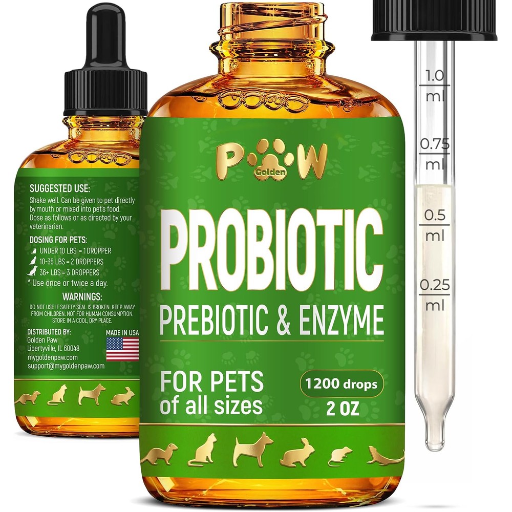 Golden Paw Liquid Probiotics For Dogs And Cats Of All Ages Digestive Supplement With Prebiotic Blend Three Billion CFU Herbal Flavor Two Ounce
