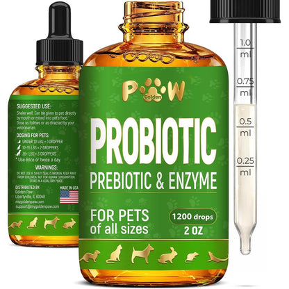 Golden Paw Liquid Probiotics For Dogs And Cats Of All Ages Digestive Supplement With Prebiotic Blend Three Billion CFU Herbal Flavor Two Ounce