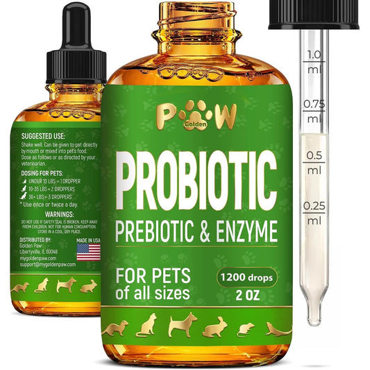 Golden Paw Liquid Probiotics For Dogs And Cats Of All Ages Digestive Supplement With Prebiotic Blend Three Billion CFU Herbal Flavor Two Ounce