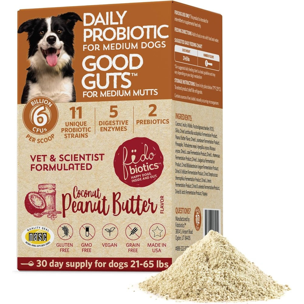 Fidobiotics Good Guts Probiotic Powder For Medium Dogs Coconut Peanut Butter Flavor Digestive Supplement For Gas Relief And Firmer Stools 30 Grams