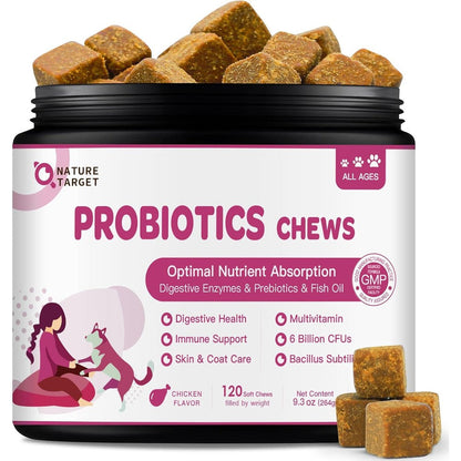 Nature Target Probiotics For Dogs And Digestive Enzymes Supplement With Fish Oil And Vitamins For Allergy Relief And Skin Health, 120 Chicken Flavo...
