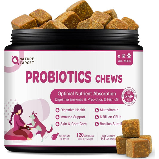 Nature Target Probiotics For Dogs And Digestive Enzymes Supplement With Fish Oil And Vitamins For Allergy Relief And Skin Health, 120 Chicken Flavo...