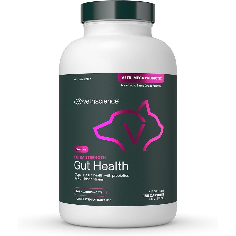 VetriScience Extra Strength Gut Health Probiotic And Prebiotic Digestive Supplement For Dogs And Cats 180 Capsules
