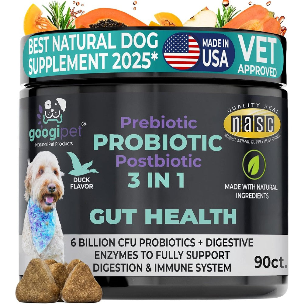 Googipet 3 In 1 Digestive Probiotic Dog Chews Duck Flavor 6 Billion CFU Prebiotics Postbiotics For Itchy Skin And Yeast Infection 90 Count