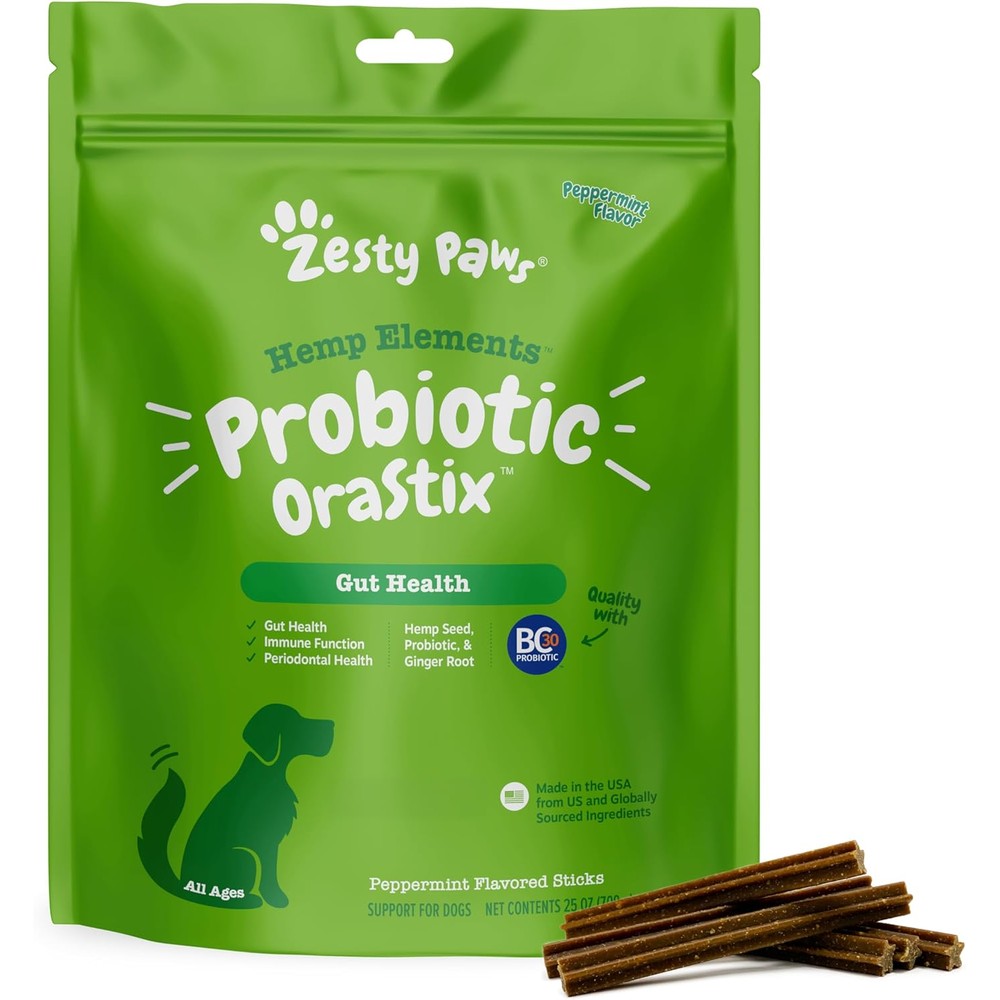 Zesty Paws OraStix Hemp Elements Probiotic Peppermint Flavored Dental Chews For Dogs 25 Ounce