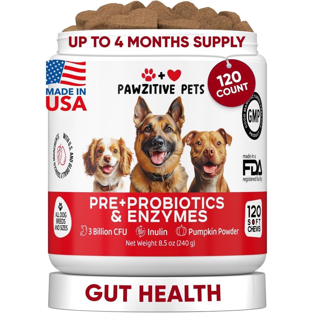 Pawzitive Pets Probiotics For Dogs Digestive Health Soft Chews With Prebiotics And Enzymes For Gut Health Allergy Relief And Itchy Skin 120 Count