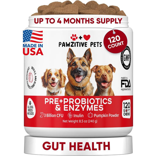 Pawzitive Pets Probiotics For Dogs Digestive Health Soft Chews With Prebiotics And Enzymes For Gut Health Allergy Relief And Itchy Skin 120 Count