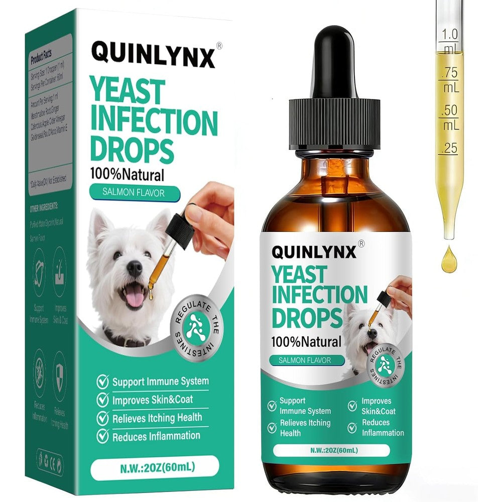Quinlynx Dog Yeast Infection Treatment Drops Probiotic Multivitamin Supplement Salmon Flavor 60 Milliliter