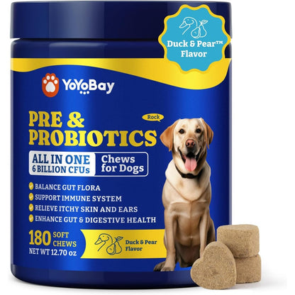 YoYoBay Probiotics For Dogs For Digestive Health Yeast Infection Balance And Itchy Skin Relief Duck And Pear Flavor 180 Soft Chews Supplement