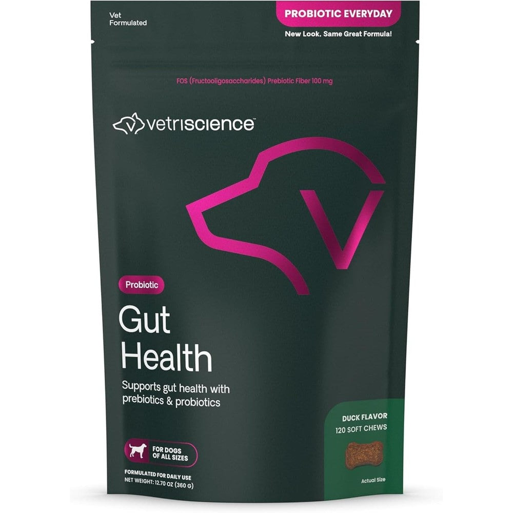 VetriScience Gut Health Chews Probiotic Everyday Digestive Supplement For Dogs With One Billion CFU Duck Flavor 120 Count