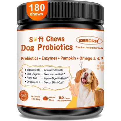 Zebora Probiotics For Dogs Digestive Health Supplement With Pumpkin And Fish Oil For Gut And Itchy Skin Support Chicken Flavor 180 Soft Chews