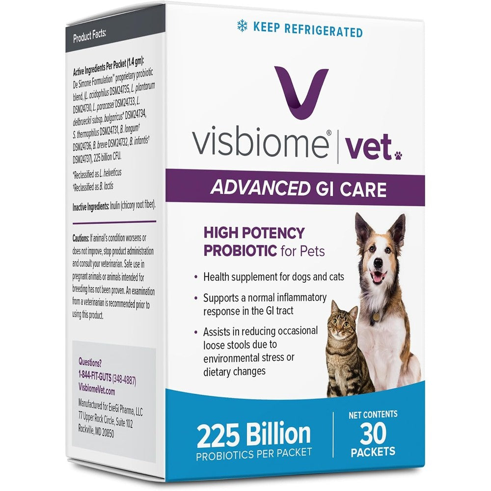 Visbiome Vet Advanced GI Care High Potency Probiotic Powder For Dogs And Cats 225 Billion CFU 8 Strain Formula 30 Packets