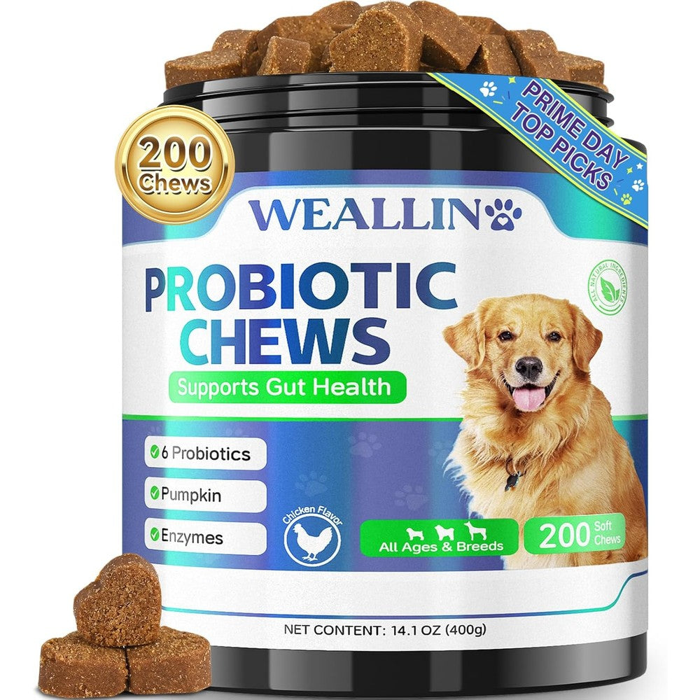 Weallin Dog Probiotic Chews for Gut Health Digestive Support and Itchy Skin Relief with Prebiotics Pumpkin and Enzymes Chicken Flavor 200 Pieces