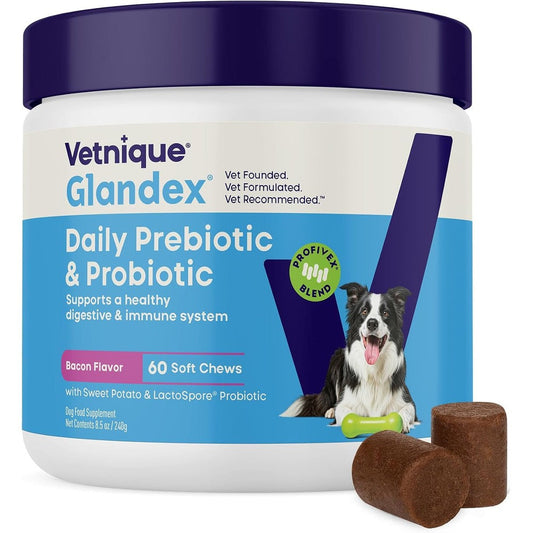 Vetnique Glandex Dog Probiotic Chews Daily Probiotics With Five Strains Prebiotics And Digestive Enzymes Bacon Flavor For Gut Health Sixty Count