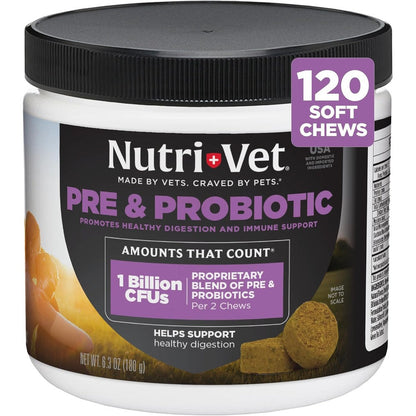 Nutri-Vet Pre and Probiotic Soft Chews for Dogs Digestive Support and Immune Health Liver and Cheese Flavor 120 Count Veterinarian Formulated