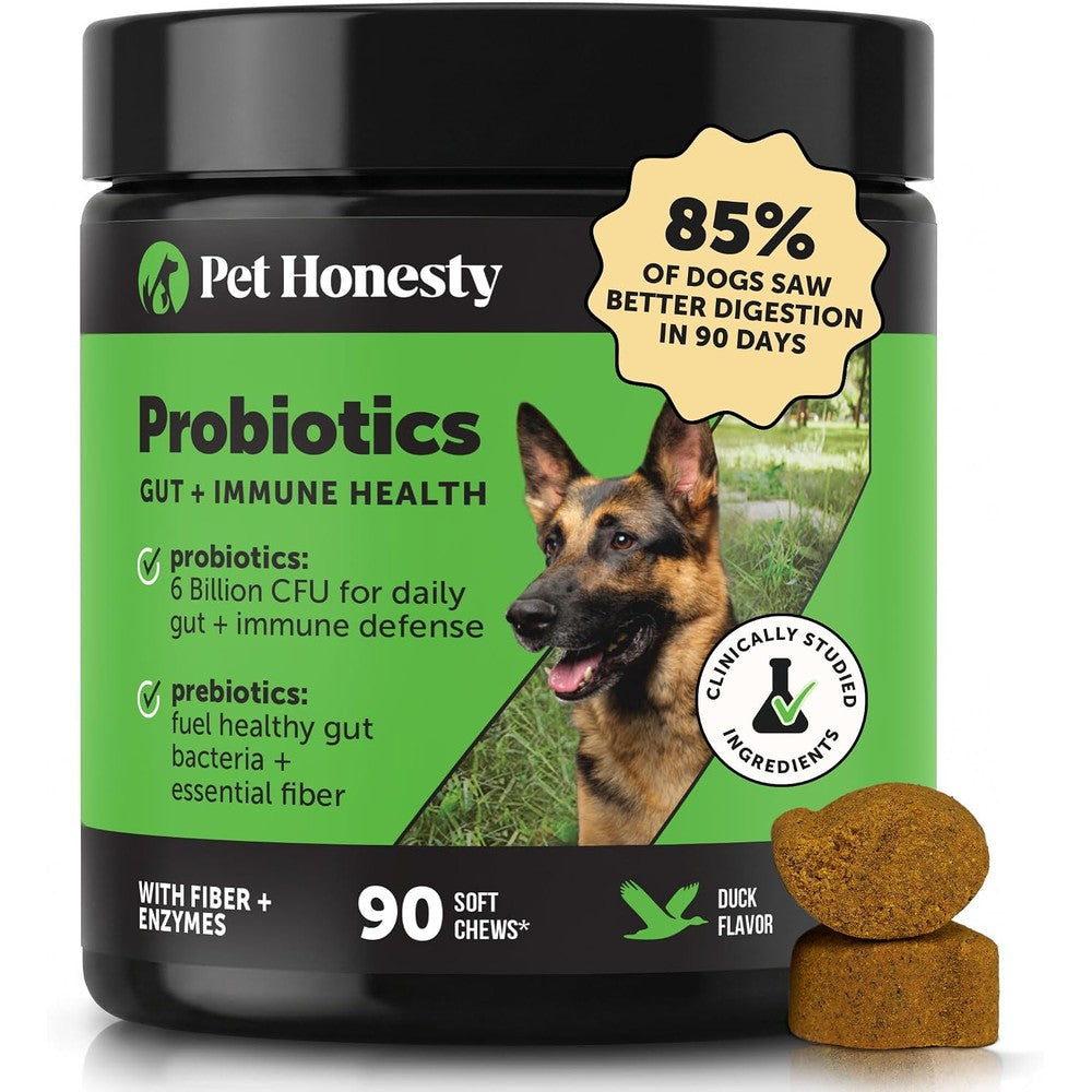 Pet Honesty Probiotics For Dogs 6 Billion CFU Digestive Enzymes And Prebiotics Soft Chews For Gut Health And Allergy Relief Duck Flavor 90 Count