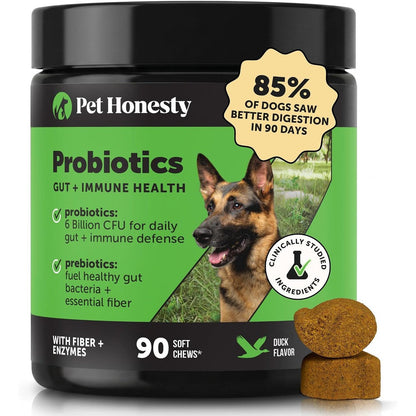 Pet Honesty Probiotics For Dogs 6 Billion CFU Digestive Enzymes And Prebiotics Soft Chews For Gut Health And Allergy Relief Duck Flavor 90 Count