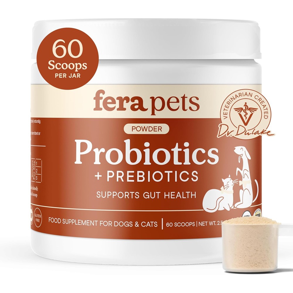 Fera Pets USDA Organic Probiotics and Prebiotics Powder for Dogs and Cats Advanced Max Strength Vet Formulated Digestive Supplement 60 Scoops