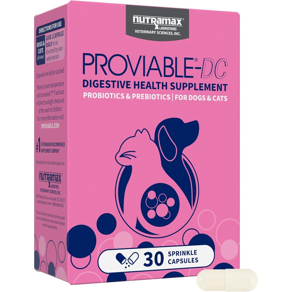 Nutramax Proviable DC Probiotics For Dogs And Cats Daily Digestive Health Supplement With Prebiotics Multi Strain Formula 30 Capsules Count