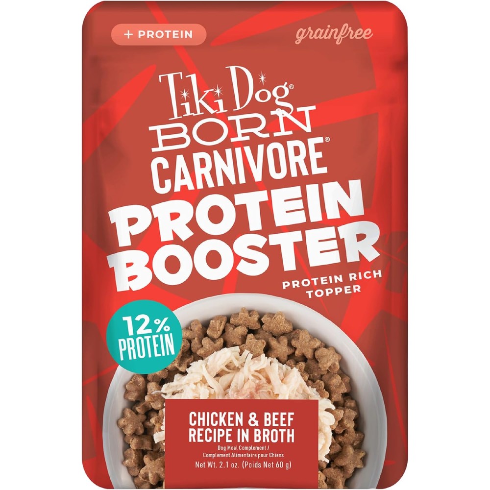 Tiki Pets Born Carnivore Protein Booster Wet Dog Food Topper Chicken And Beef Recipe In Broth 2.1 Ounce Pouch 12 Count