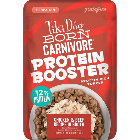 Tiki Pets Born Carnivore Protein Booster Wet Dog Food Topper Chicken And Beef Recipe In Broth 2.1 Ounce Pouch 12 Count
