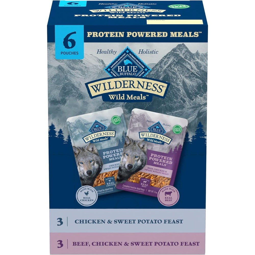 Blue Buffalo Wilderness Protein Powered Meals Chicken And Beef High Protein Grain Free Adult Wet Dog Food Nine Ounce Pouches Six Count Variety Pack