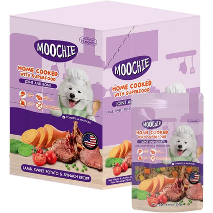 Moochie Home Cooked Superfood Wet Dog Food For Joint And Bone Support Lamb Sweet Potato And Spinach 6 Pouches Of 9 Ounces Each