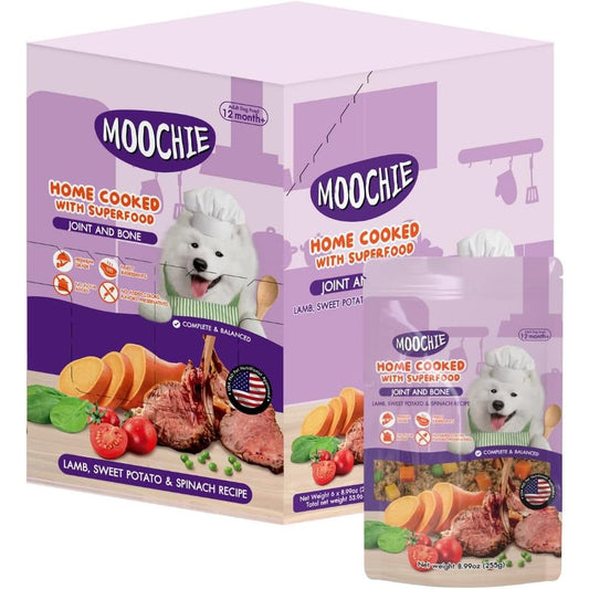 Moochie Home Cooked Superfood Wet Dog Food For Joint And Bone Support Lamb Sweet Potato And Spinach 6 Pouches Of 9 Ounces Each