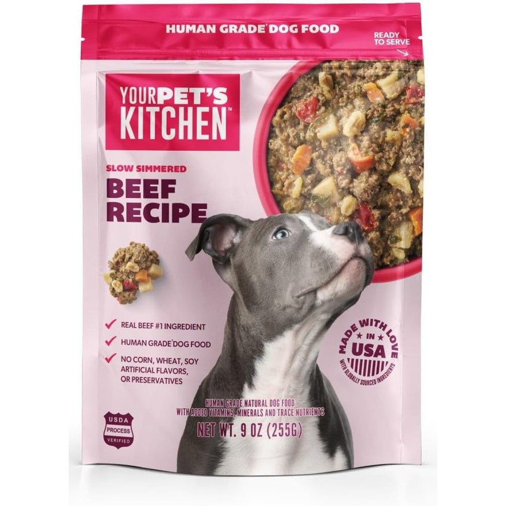 Your Pet's Kitchen Human Grade Wet Dog Food Slow Simmered Beef Recipe Grain Free Meal For Adult Dogs Nine Ounce Pouches Pack Of Six