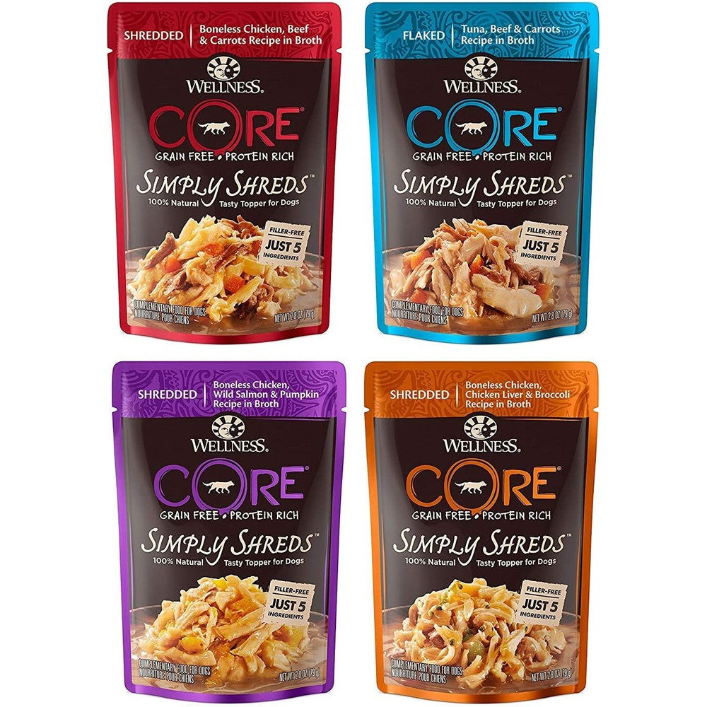 Wellness Core Simply Shreds Natural Grain Free Wet Dog Food Toppers Variety Pack 4 Flavors 2.8 Ounce Each 12 Total Pouches