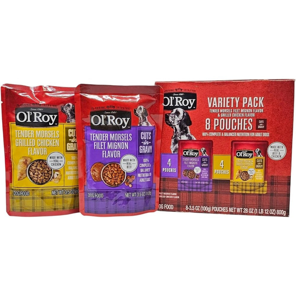 Ol' Roy Wet Dog Food Variety Pack Tender Morsels Filet Mignon And Grilled Chicken Flavor Three Point Five Ounce Pouches Eight Count