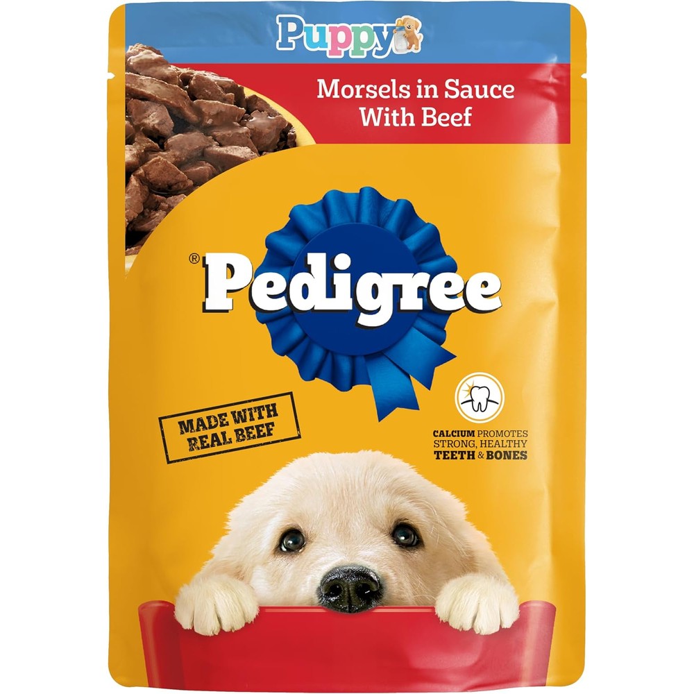 Pedigree Puppy Morsels In Sauce Wet Dog Food With Beef, 3.5 Ounce Pouch