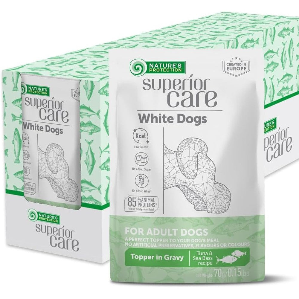 Nature's Protection Superior Care Wet Dog Food Topper For White Coat Dogs Tuna And Sea Bass Recipe 24 Pack 2.46 Ounce Pouches