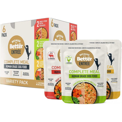 Because It's Better Entree Complete Meal Variety Pack Human Grade Wet Dog Food With Real Beef Chicken And Lamb Ten Ounce Pouches Six Count