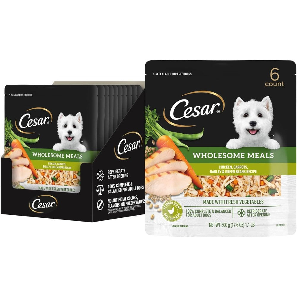 Cesar Wholesome Meals Chicken Carrots Barley And Green Beans Wet Dog Food Resealable Pouches Six Count Seventeen Point Six Ounce