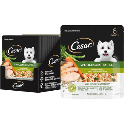 Cesar Wholesome Meals Chicken Carrots Barley And Green Beans Wet Dog Food Resealable Pouches Six Count Seventeen Point Six Ounce