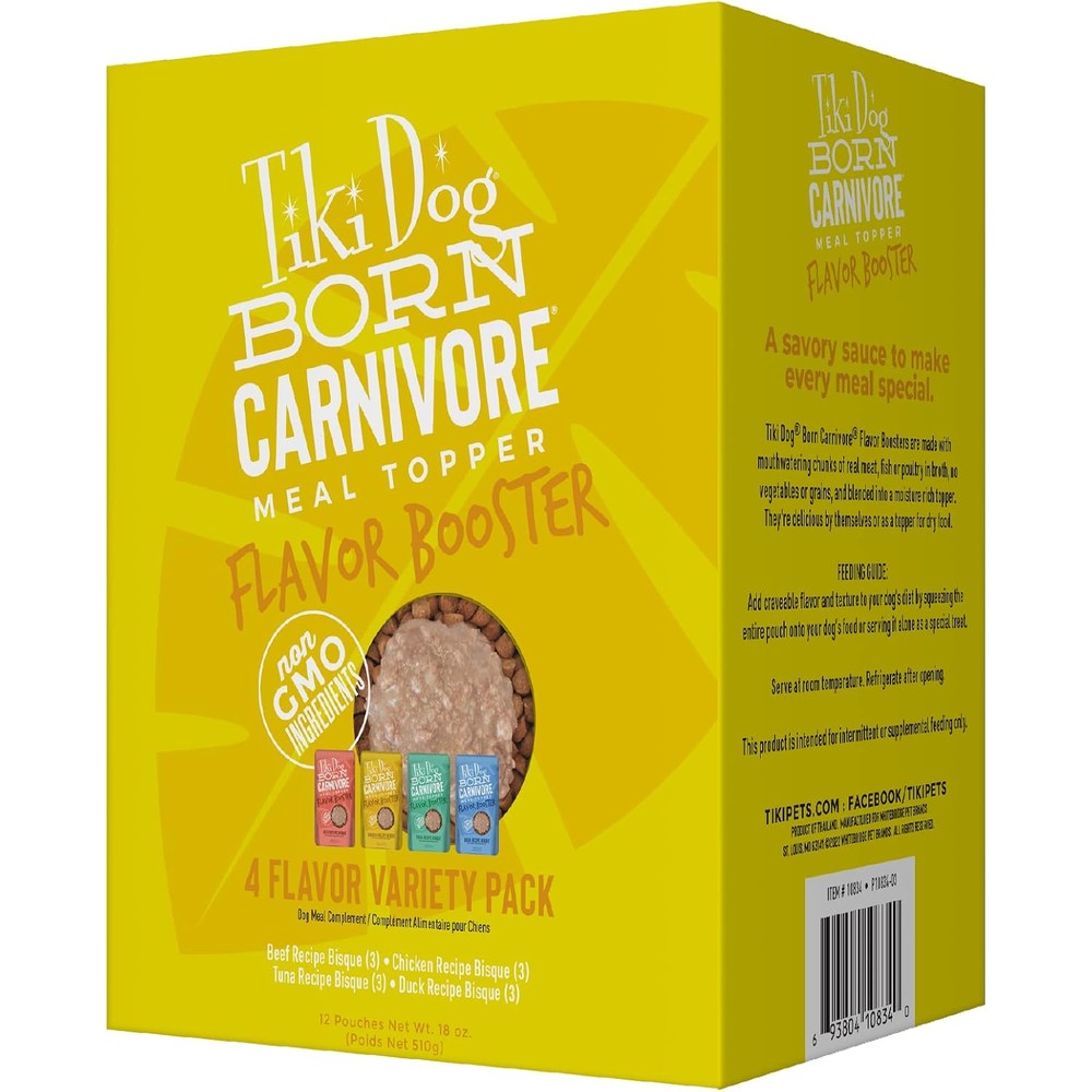 Tiki Pets Born Carnivore Dog Food Flavor Booster Bisque Variety Pack 12 Count 1.5 Ounce Pouches