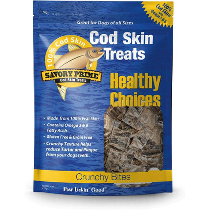Savory Prime Cod Skin Crunchy Bites For Dogs, All-Natural 100 Percent Pacific And Atlantic Cod Fish Skin, 4 Ounce Bag