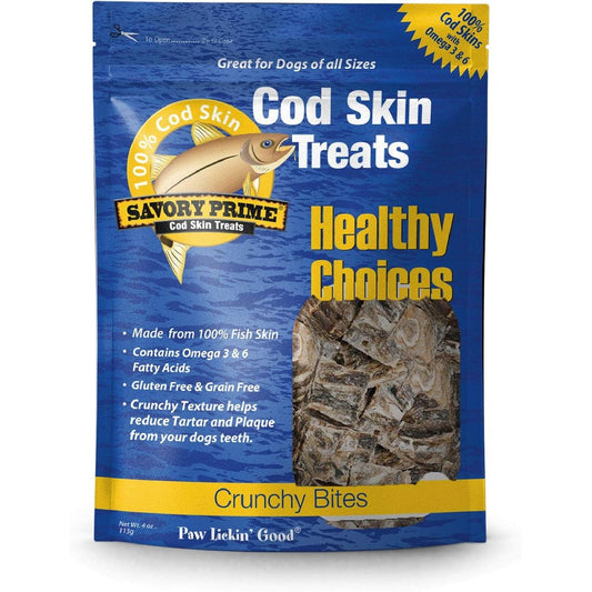 Savory Prime Cod Skin Crunchy Bites For Dogs, All-Natural 100 Percent Pacific And Atlantic Cod Fish Skin, 4 Ounce Bag