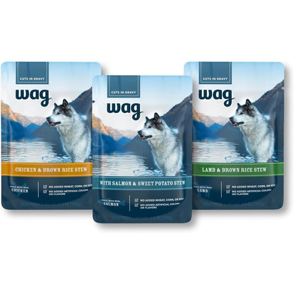 Amazon Brand Wag Wet Dog Food Topper Chicken Lamb And Salmon Stew In Gravy 3.5 Ounce Pouches Pack Of 24