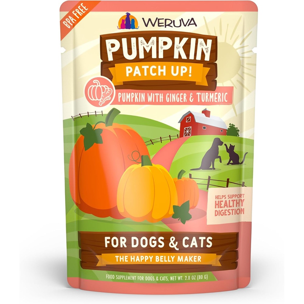 Weruva Pumpkin Patch Up! Pumpkin With Ginger And Turmeric Supplement For Dogs And Cats, 2.8 Ounce Pouch, Pack Of 12