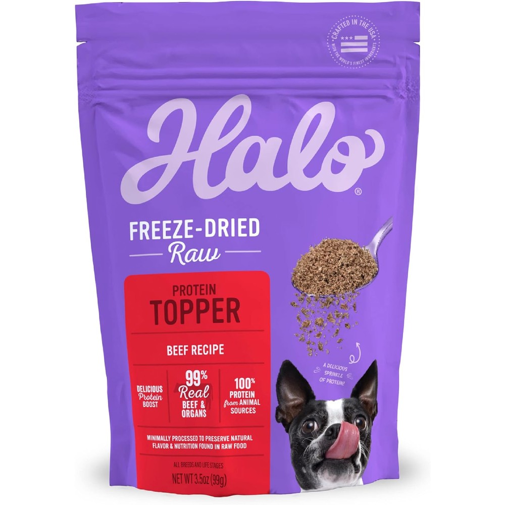 Halo Freeze Dried Raw Dog Food Topper Beef Recipe One Hundred Percent Animal Protein Source Real Meat Meal Enhancer Three Point Five Ounce Pouch